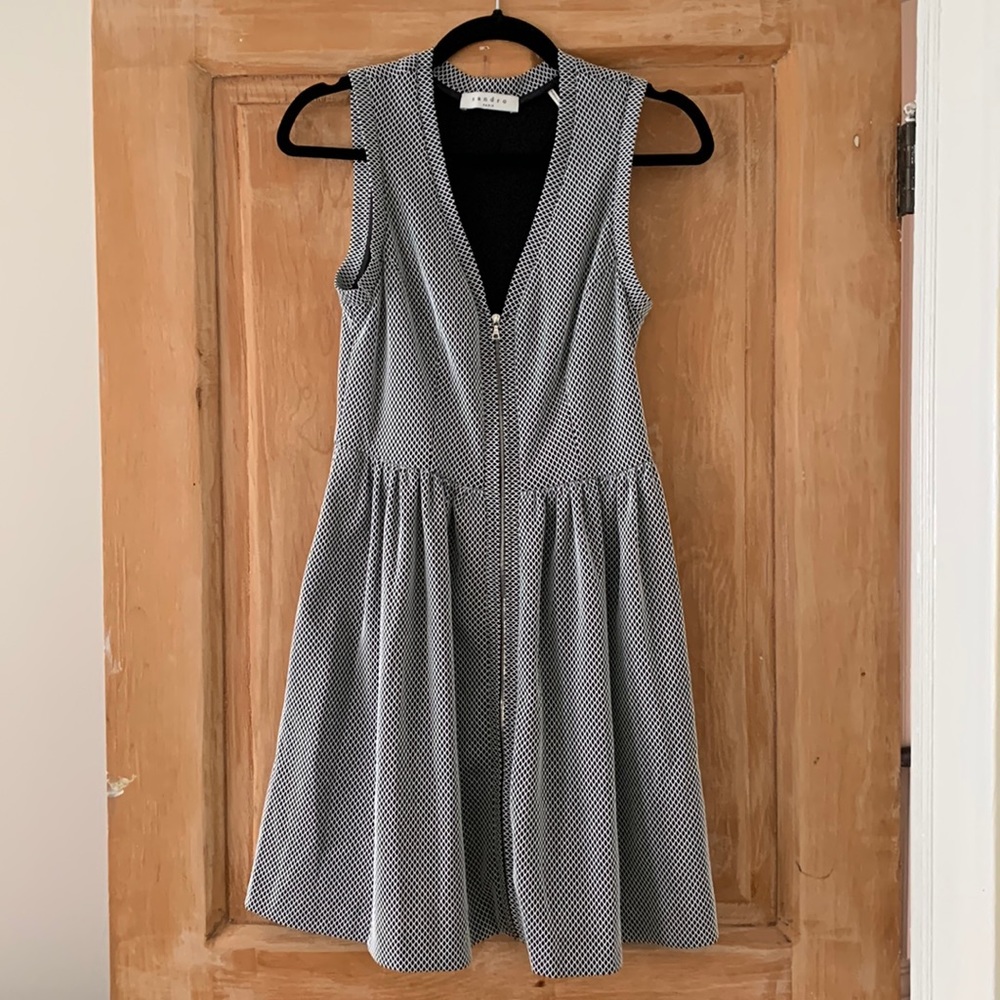 Sandro Paris black and white skater dress with zipper in front